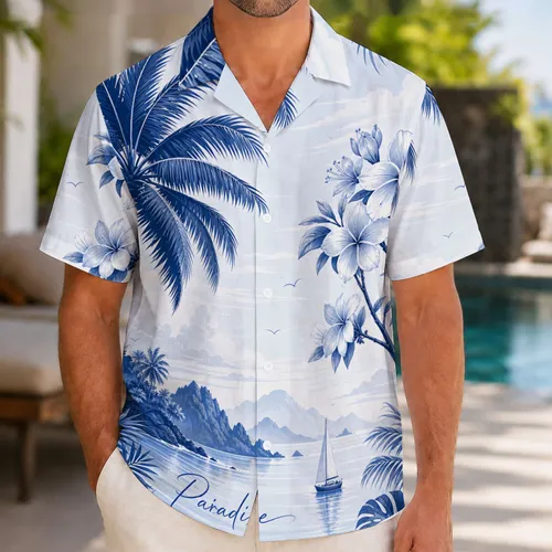 Blue Palm Blossom Seaside Sailboat Coastal Resort Party And Cruise Vacation Style For Men Hawaiian Shirt