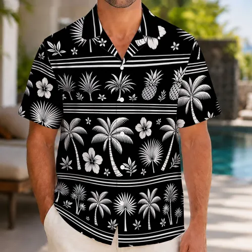 Black And White Tropical Palm And Pineapple Resort Party Wear For Men Vacation Style Hawaiian Shirt