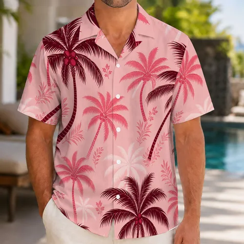 Burgundy Pink Palm Tree Tropical Resort Beach Wedding Party Formal Evening Wear for Men Hawaiian Shirt