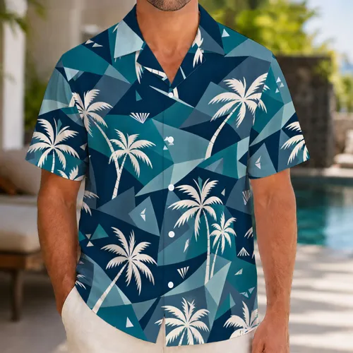 White Palm Silhouettes On Teal Geometric Tropical Style For Beach Resort Vacations Hawaiian Shirt