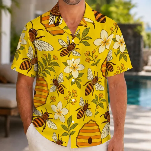 Golden Bee And Honeycomb Aloha Botanicals For Tropical Summer Beach Vacation Wear Hawaiian Shirt