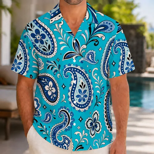 Blue And White Paisley Resort Style For Summer Beach Travel And Casual Weekend Wear Hawaiian Shirt