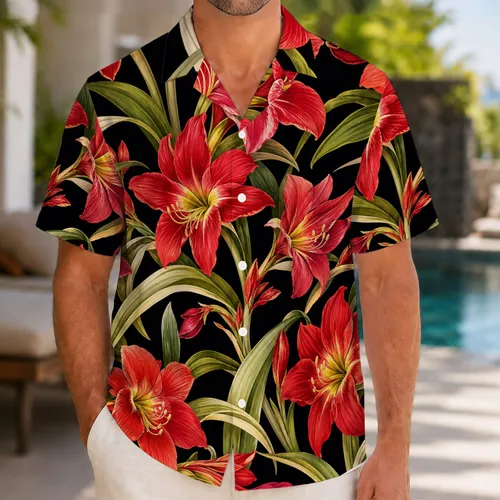 Red Amaryllis Lily Floral Tropical Party Style for Men’s Vacation and Resort Wear Hawaiian Shirt