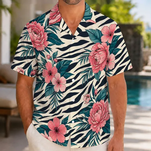 Zebra Stripe Coral Tropical Flowers Resort Vacation Wear for Men in Extended Sizes Hawaiian Shirt