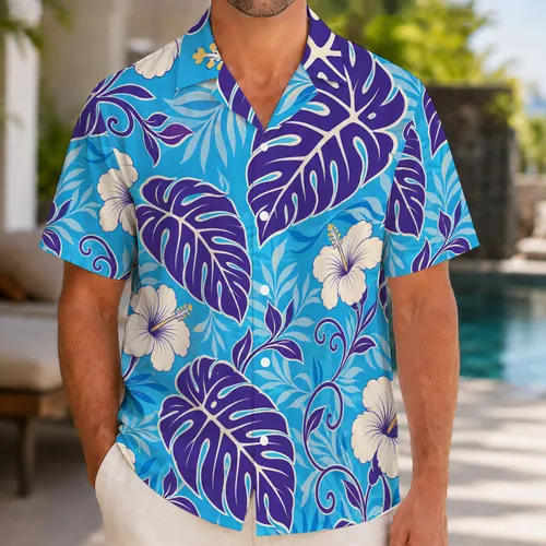 Purple Monstera And Ivory Hibiscus Tropical Botanical Aloha Vacation Wear For Men Hawaiian Shirt