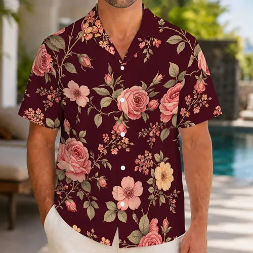 Burgundy Pink Rose Floral Garden Botanical Resort Vacation Wear For Men Plus Size Hawaiian Shirt