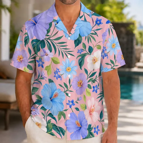Retro Tropical Blue Lavender Floral Garden For Beach Vacations And Resort Outfits Hawaiian Shirt