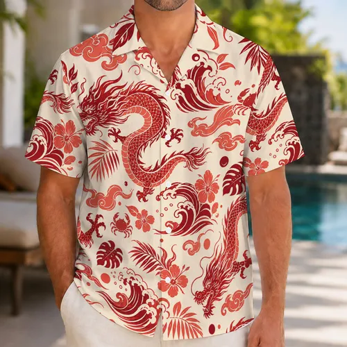 Red Sea Dragon And Floral Motif For Tropical Resort Parties And Summer Travel Men Hawaiian Shirt