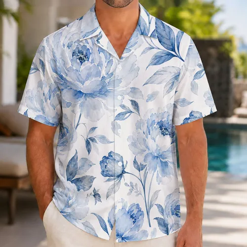 Powder Blue Peony And Garden Rose Florals For Elegant Resort And Summer Wear Men Hawaiian Shirt