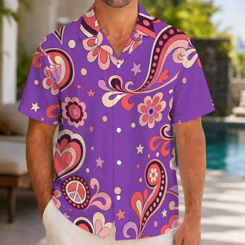 Retro Purple Heart Floral Aloha Motifs for Summer Festivals and Tropical Beach Vacations Hawaiian Shirt