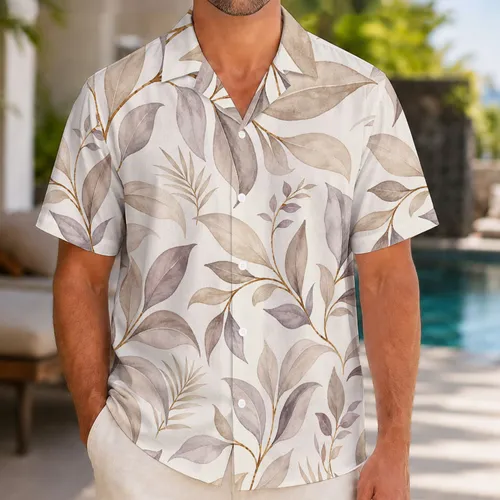 Neutral Tropical Leaf Botanical Resortwear Look For Men's Summer Travel Wardrobe Hawaiian Shirt
