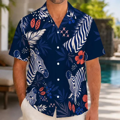 Zebra And Coral Tropical Floral Aloha Style For Summer Resort Travel And Beachwear Hawaiian Shirt