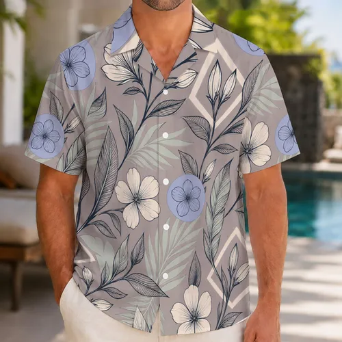 Tropical Botanical Flowers, Sage Leaves And Periwinkle Blooms For Resort Vacations Hawaiian Shirt