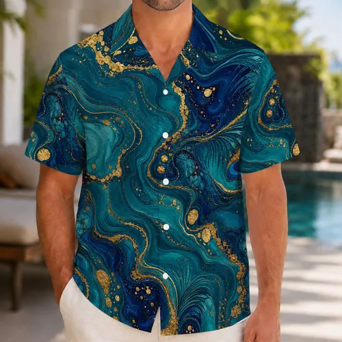 Teal Navy Gold Fluid Marble Swirls For Resort Parties And Summer Streetwear Styles Hawaiian Shirt