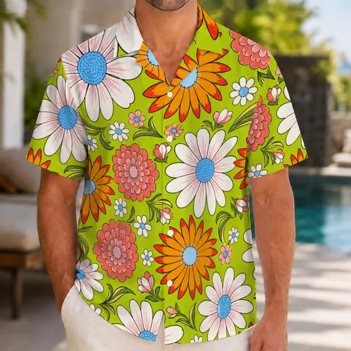 Bold Retro Lime Green Daisy And Coral Floral Party Style For Beach Vacation Wear Men Hawaiian Shirt