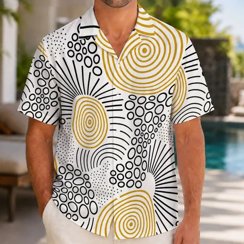 Abstract Gold Rings And Black Sunbursts For Resort Parties And Beach Getaway Style Hawaiian Shirt