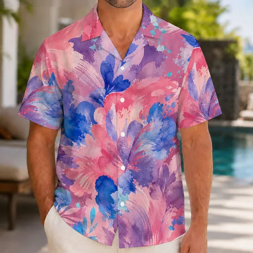Pink Blue Watercolor Floral Abstract Island Vacation Party Wear For Men and Women Hawaiian Shirt