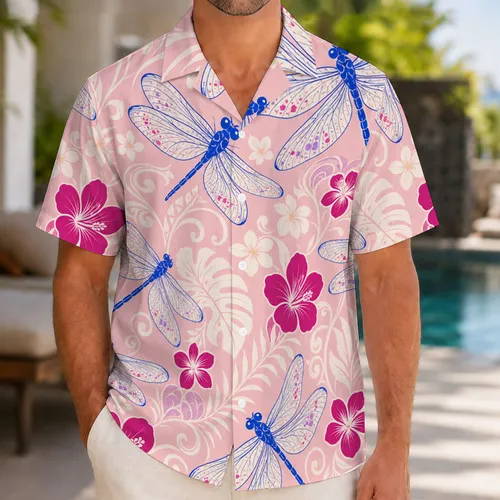 Cobalt Blue Dragonfly And Magenta Floral Aloha Party Wear For Men's Summer Events Hawaiian Shirt
