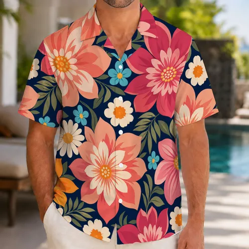 Retro Navy Floral Garden For Tropical Parties, Beach Vacations And Resort Outings Hawaiian Shirt