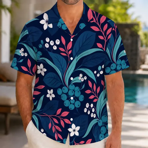 Navy Tropical Floral And Berry Motif for Beach Parties and Resort Travel for Men Hawaiian Shirt