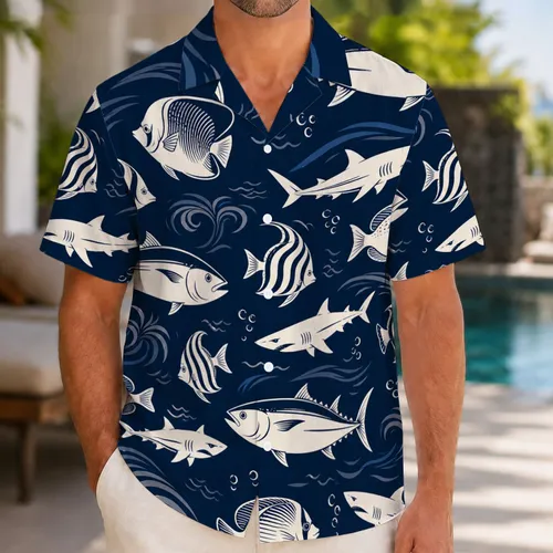 Navy Blue Ocean Fish Coastal Resort Style for Beach Parties, Cruises and Vacation Wear Hawaiian Shirt