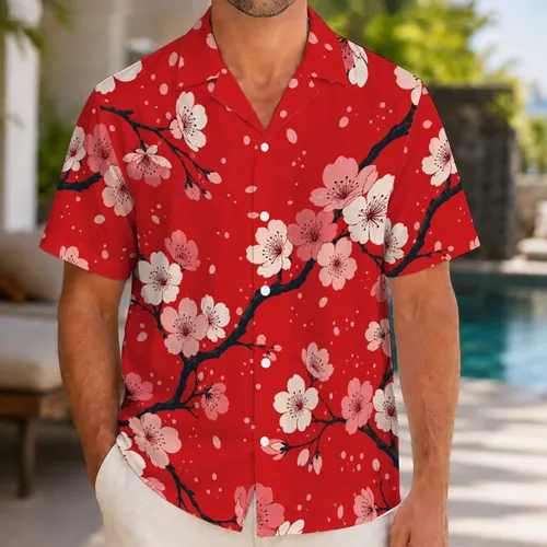Scarlet Cherry Blossom Floral Aloha Botanical Resort Party Style For Men's Vacations Hawaiian Shirt