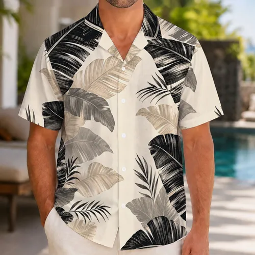 Monochrome Banana Leaf Botanical For Coastal Resort Travel and Beach Vacation Style Hawaiian Shirt