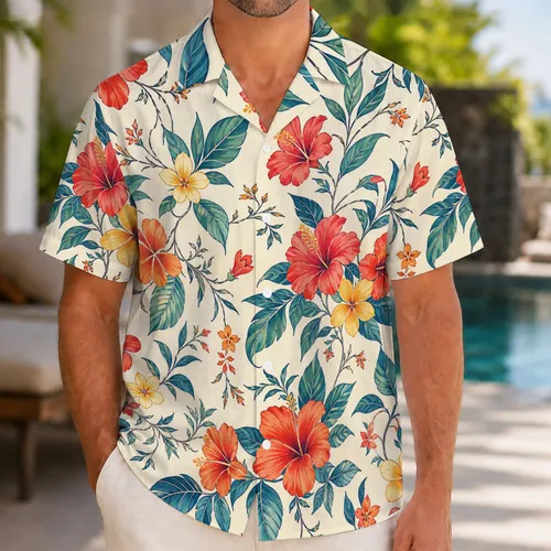 Tropical Coral Flowers and Teal Leaves for Beach Parties Resort Vacations for Men Hawaiian Shirt