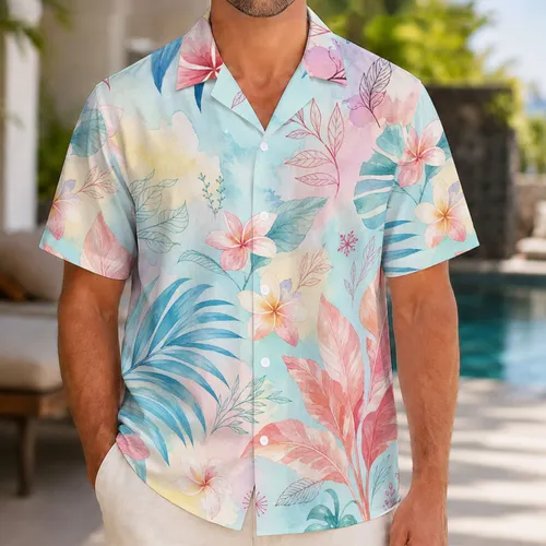 Pastel Tropical Palm Leaves And Floral Watercolor For Beach Resort Vacation Travel Hawaiian Shirt