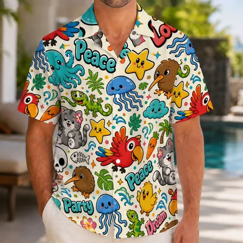 Kawaii Tropical Birds Octopus Cats And Skull Mascots For Beach Party Fun Lovers Hawaiian Shirt