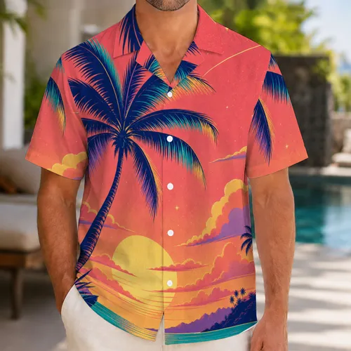 Retro Tropical Sunset Palm Scene For Beach Vacation Aloha Style Men's Casual Wear Hawaiian Shirt