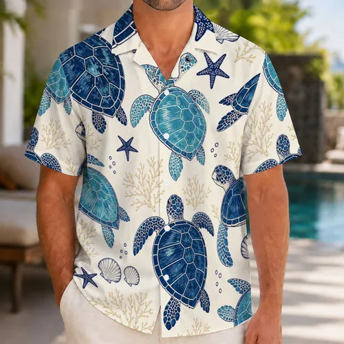 Sea Turtle Aloha Coastal Motif For Men Beach Resort Vacation Summer Tropical Travel Hawaiian Shirt