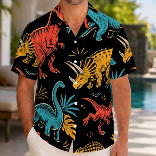 Retro Neon Dinosaur Aloha Motifs for Beach Vacations, Luau Parties and Summer Travel Hawaiian Shirt