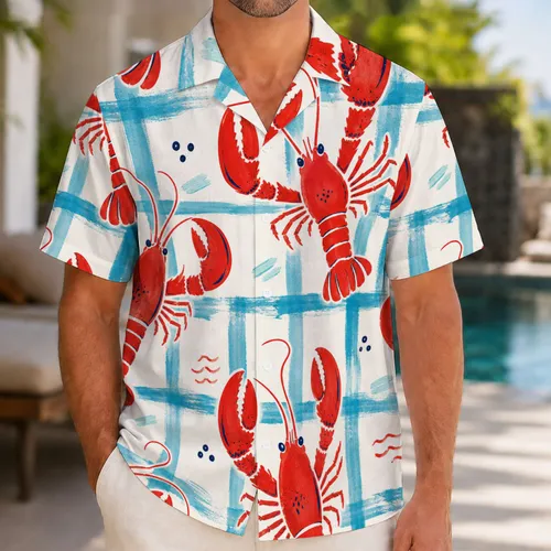 Red Lobster And Blue Lattice Beach Vacation Resort Wear For Men In Extended Sizes Hawaiian Shirt