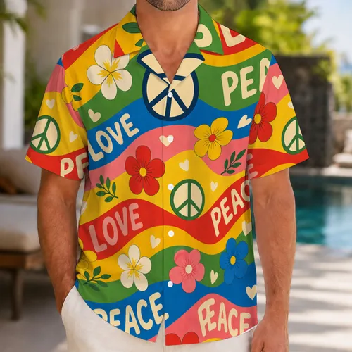 Retro Rainbow Peace Signs And Tropical Flowers For Festivals, Beach Days And Parties Hawaiian Shirt