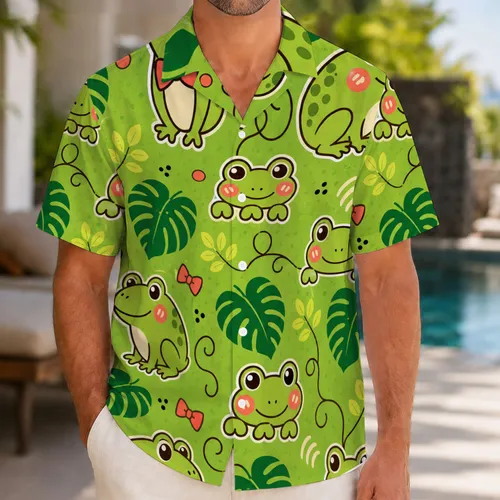 Cute Green Bow Tie Frogs Tropical Leaves for Beach Parties, Summer Getaways, and Frog Lovers Hawaiian Shirt