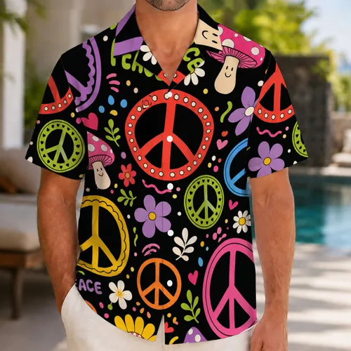 Retro Peace Signs Flowers And Mushrooms For Festivals Beach Vacations And Summer Parties Hawaiian Shirt