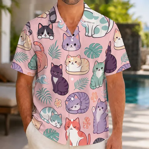 Kawaii Tropical Cartoon Cats With Palm Leaves For Beach Vacations And Cat Lovers Hawaiian Shirt
