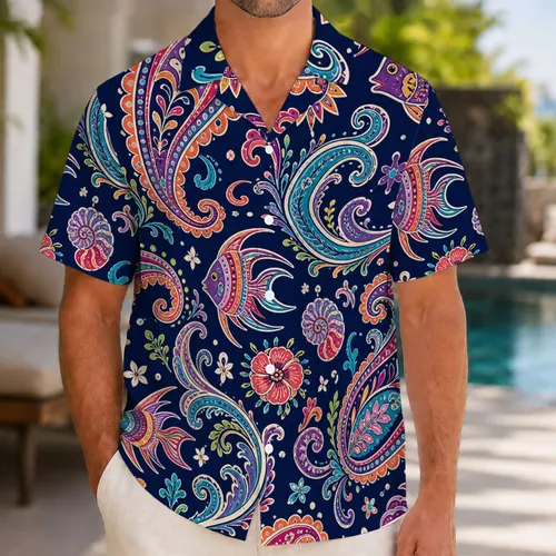 Colorful Tropical Paisley Fish Motifs For Beach Vacations And Resort Summer Travel Hawaiian Shirt
