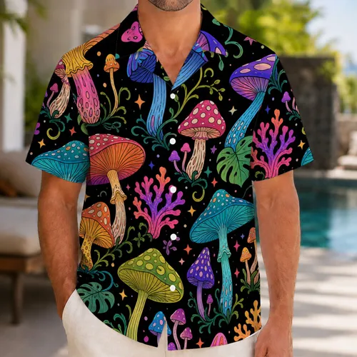 Neon Psychedelic Mushroom Garden for Night Festivals, Beach Trips and Retro Style Fans Hawaiian Shirt