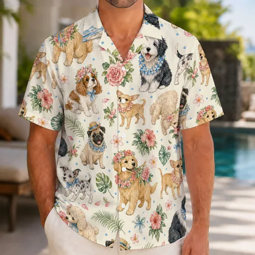 Watercolor Party Puppies With Tropical Flowers For Luau Vacations And Dog Lovers Hawaiian Shirt