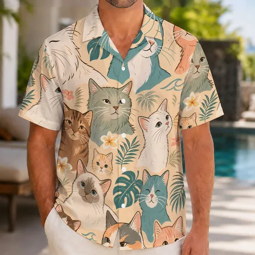 Tropical Cat Faces And Plumeria For Beach Vacations, Resort Wear, And Cat Lovers Hawaiian Shirt