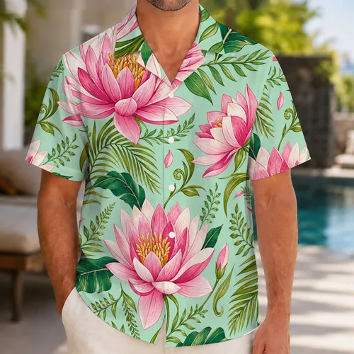 Pink Water Lily And Palm Botanical Beach Resort Wear For Summer Vacation Getaways Hawaiian Shirt