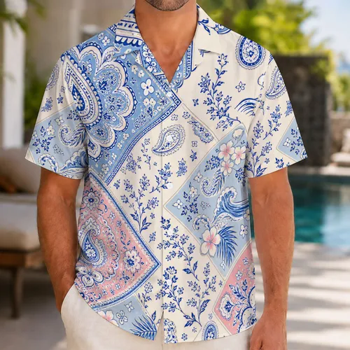 Blue Pink Paisley Patchwork Coastal Resort Vacation Style for Beach Travel Lovers Hawaiian Shirt