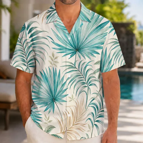 Turquoise Tropical Palm Leaves For Beach Vacation Resort Wear And Cruise Travel Men Hawaiian Shirt