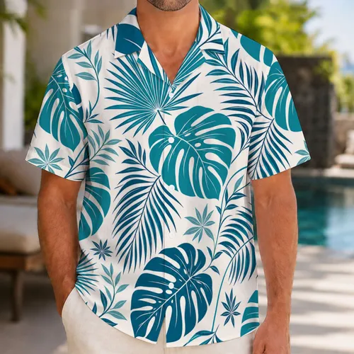 Teal Monstera Palm Foliage Resort Wear For Men’s Beach Vacation And Summer Parties Hawaiian Shirt
