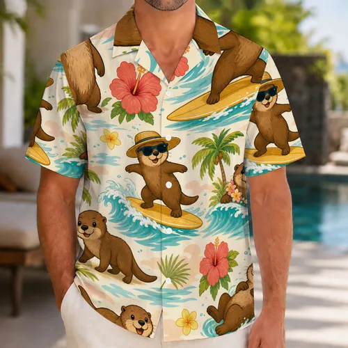 Cheerful Sea Otter Surfing Tropical Aloha Island Vacation Beach Style for Men and Women Hawaiian Shirt