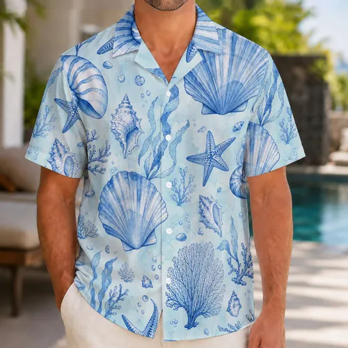 Blue Coral Starfish And Shell Ocean Motifs For Coastal Beach Vacation Resort Wear Hawaiian Shirt