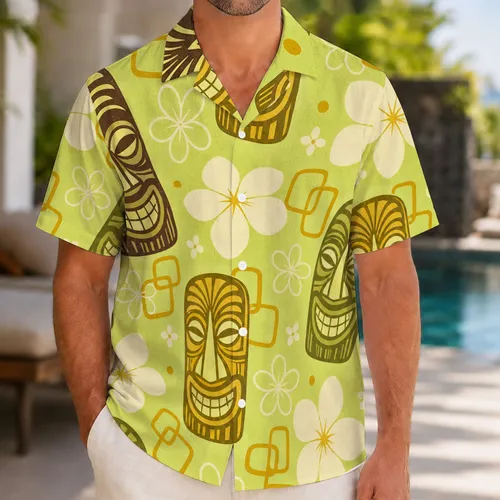 Retro Tiki Masks And Island Flowers For Tropical Vacation Poolside Resort Wear Men Hawaiian Shirt