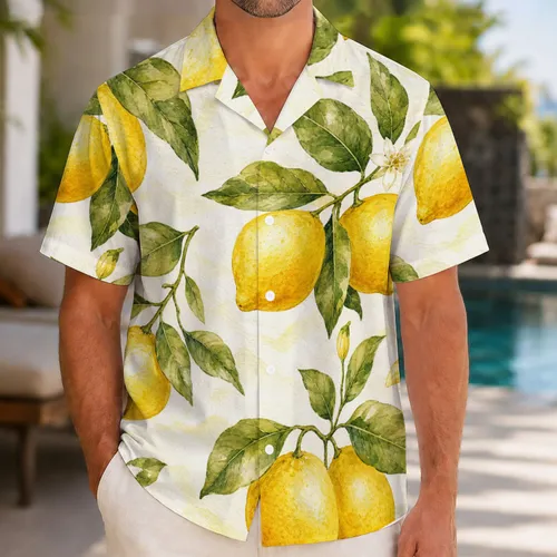 Watercolor Lemon Grove Citrus Leaves for Beach Vacations and Mediterranean Resort Style Hawaiian Shirt